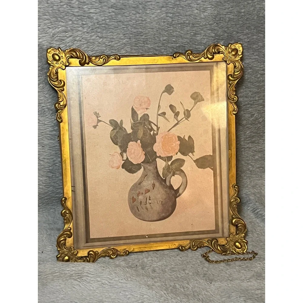Vintage Ornate Gold Frame Floral Rose Print Cottagecore Victorian Wall Decor